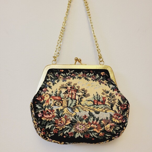 Vintage Walbarg Needlework Tapestry Nature Patern Gold Tone Chain Mini Purse Bag - Picture 3 of 8